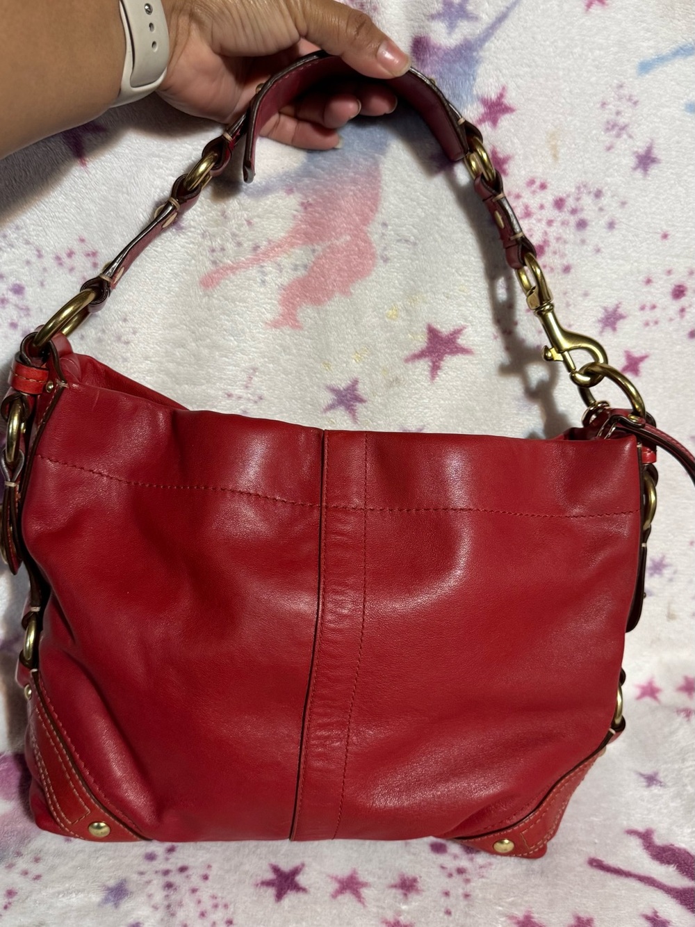 Coach Red Carly Leather Shoulder Bag with Gold Hardware - Picture 2 of 8